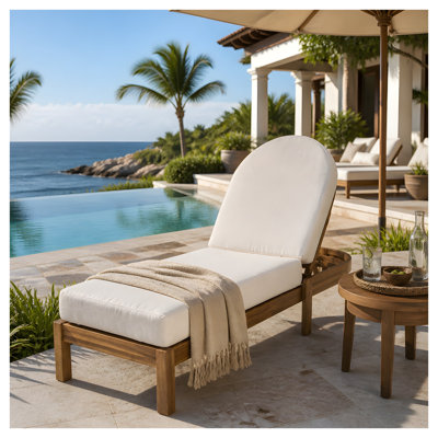 Méridienne de patio en bois d'acacia avec dossier réglable, méridienne inclinable d'extérieur en teck avec coussin beige, méridienne simple pour patio
