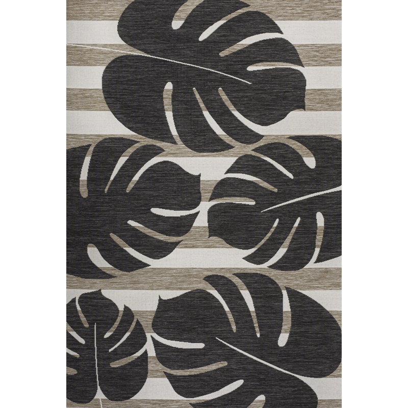 Colgin Classic Beach Stripe and Monstera Leaf Black/Beige Indoor/Outdoor Rug, Rectangle 2'11" x 4'11"