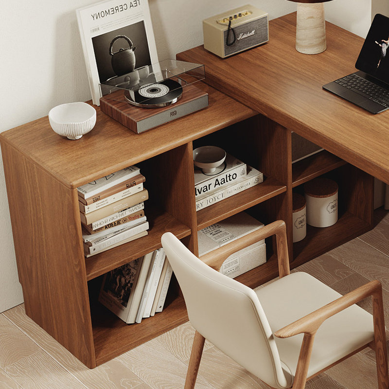 Bureau en bois massif en forme de L noyer clair, 29.53"H×78.74"L×21.65"W