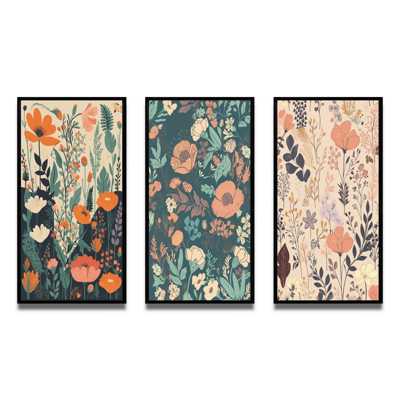 «Fleurs sauvages rétro en pastel rétro II», 3 pièces, Cadre flottant noir, H 20 po x l 36 po