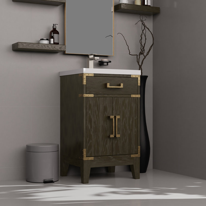 Ensemble de meuble-lavabo simple en chêne brun avec surface en acrylique scellée et miroir en H 24 po, Chêne brun