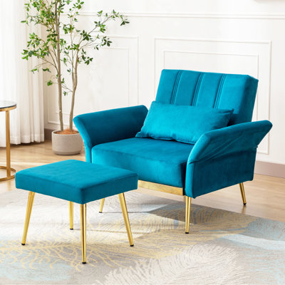 Fauteuil d'appoint rembourré en velours de 31 po de large avec coussin décoratif et repose-pieds Caretta
