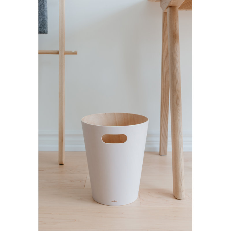 Woodrow Small Bin - Open Wood Waste Basket for Office, Bedroom, Bathroom, 2.25 Gallons, Blanc / Naturel