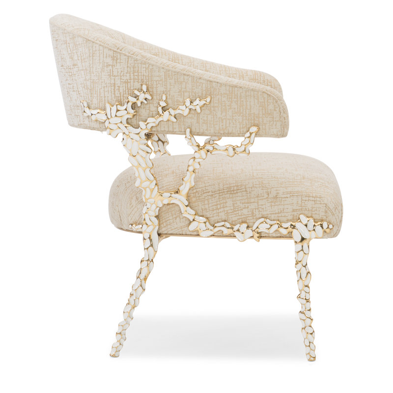 Handcrafted Gold Brush Metal and White Fabric Accent Chair