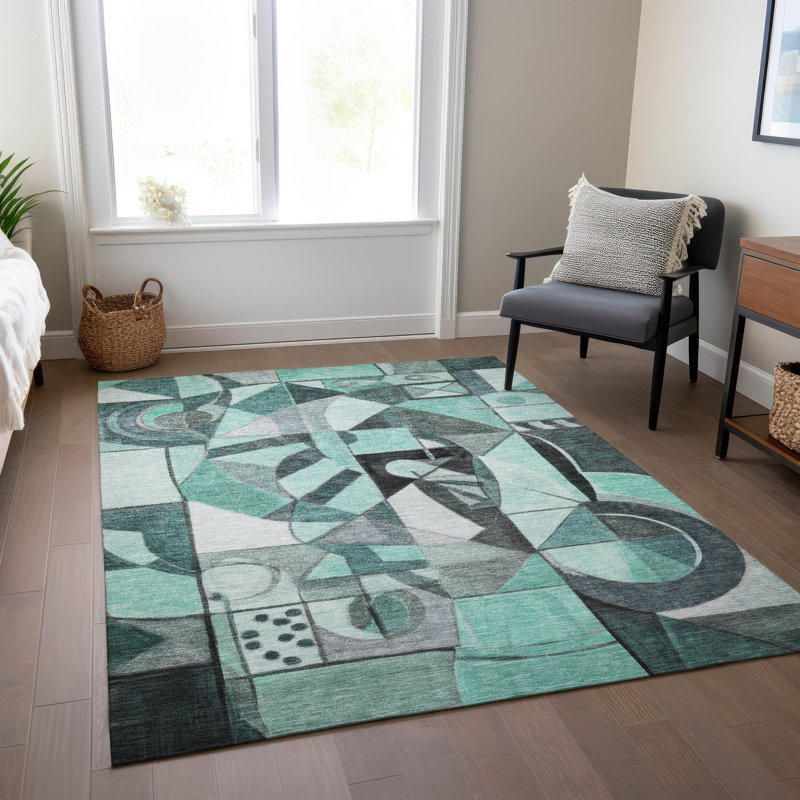 Tapis bleu sarcelle lavable à la machine intérieur / extérieur Xhevrie, Rectangle 10 pi x 14 pi