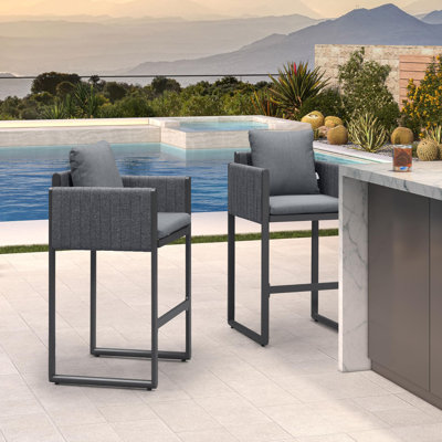  Tabourets de bar d'extérieur modernes à tissage en oléfine avec coussin de dossier