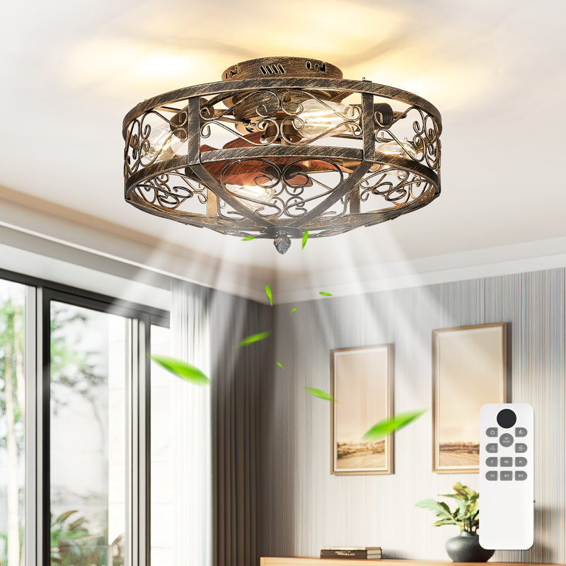 20" Flush Mount Caged Ceiling Fan with Light Kit and Remote Control - Farmhouse Style., Gold/Black, Brown Wood