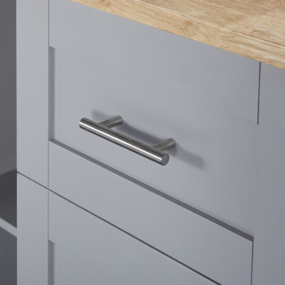 Rolling Kitchen Island With Storage, Rubber Wood Top, 3 Drawers, 2 Slide-Out Shelves, And Internal Racks, On Wheels