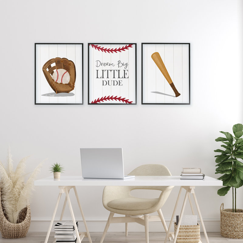 «Get Your Baseball Game On 3pc», ensemble de giclées encadrées, design par Christine Simpson Art, H 20 po x l 16 po