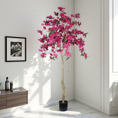 6ft Artificial Bougainvillea Tree With Pink Bracts & Black Plastic Pot, Uv Resistant Faux Flowering Plant For Indoor Outdoor Home Decor