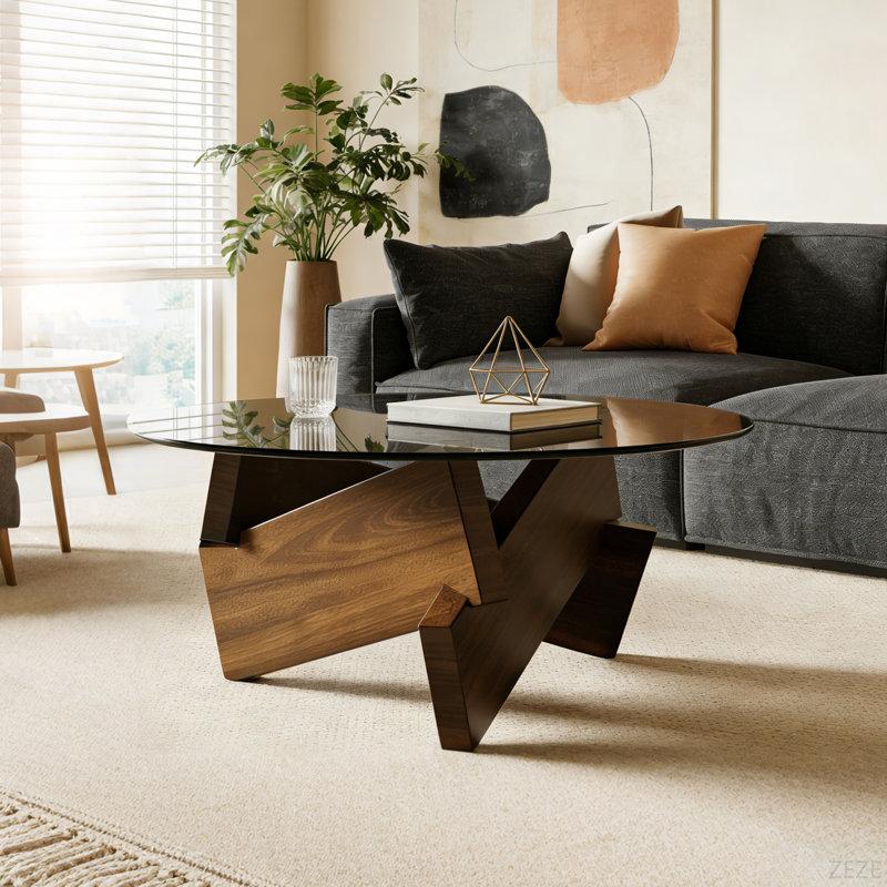 Table basse moderne pour le salon moderne, centre de 27,5 po x 27,5 po x 12,2 po avec plateau en verre trempé et bois