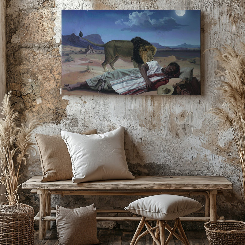 Toile, «Dream Dream Guardian Canvassurreal Lion and Sleeper Nightscape Art», art mural, H 30 po x l 40 po