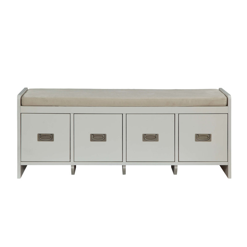 Banc sans dossier avec siège rembourré beige et rangement à 4 tiroirs en tissu blanc