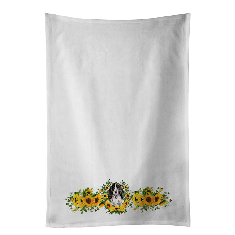 Épagneul cocker noir en tournesols? Ensemble de 2 serviettes de cuisine blanches