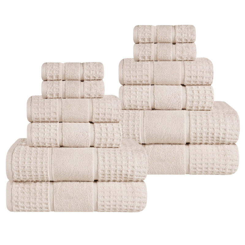 Hisela Zero Twist Cotton Solid Waffle Honeycomb Plush Soft Absorbent Medium Weight Assorted Towel Set, Ivory