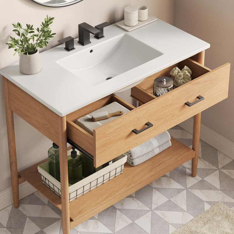 Modway Zaire 36'' Single Bathroom Vanity with Ceramic Top, Natural, White