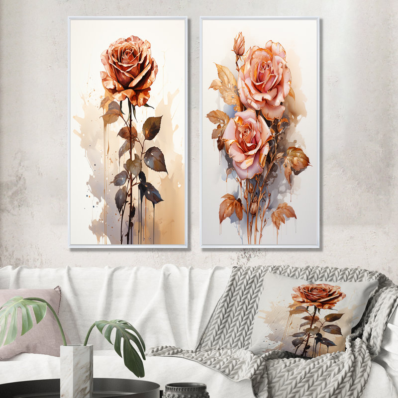 Rose monochromatique Elegance I - ensemble de 2 impressions sur toile roses, Cadre blanc, H 28 po x l 25 po