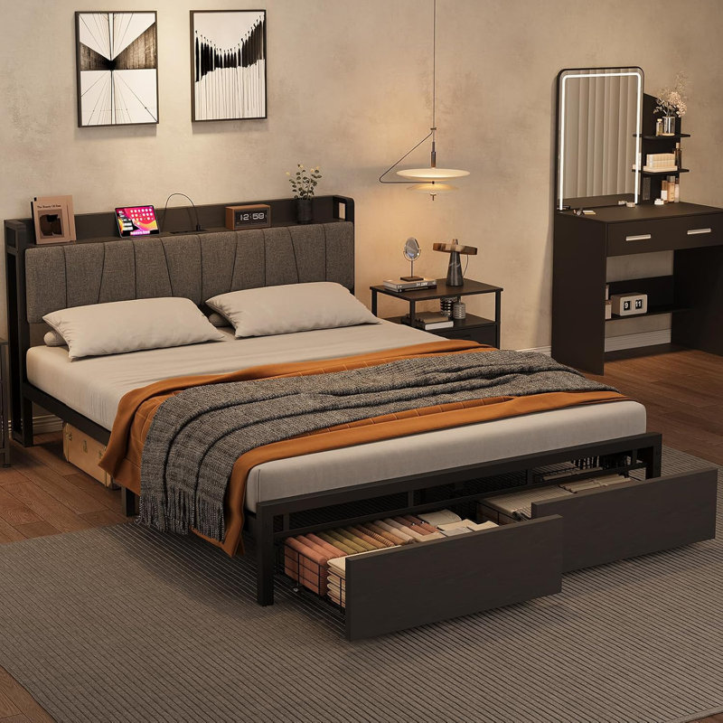 Bed with Storage Headboard, with 2 Large Drawers and Charging Station, No Box Spring Needed Bed, Full 