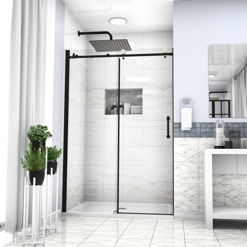 48 po x 76 po, cabine de douche, fini noir mat. Verre trempé transparent. Poignée à tirer. Convient à différents styles de salle de bain. Réglable pour les murs inégaux. Pièces fournies