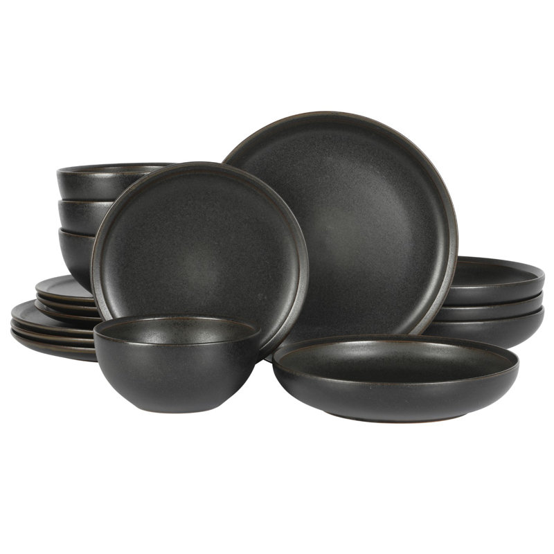 Gibson Elite Beckett Stoneware Matte Reactive Glaze 16 Piece Plates and Bowls Dinnerware Set - Grey, Black