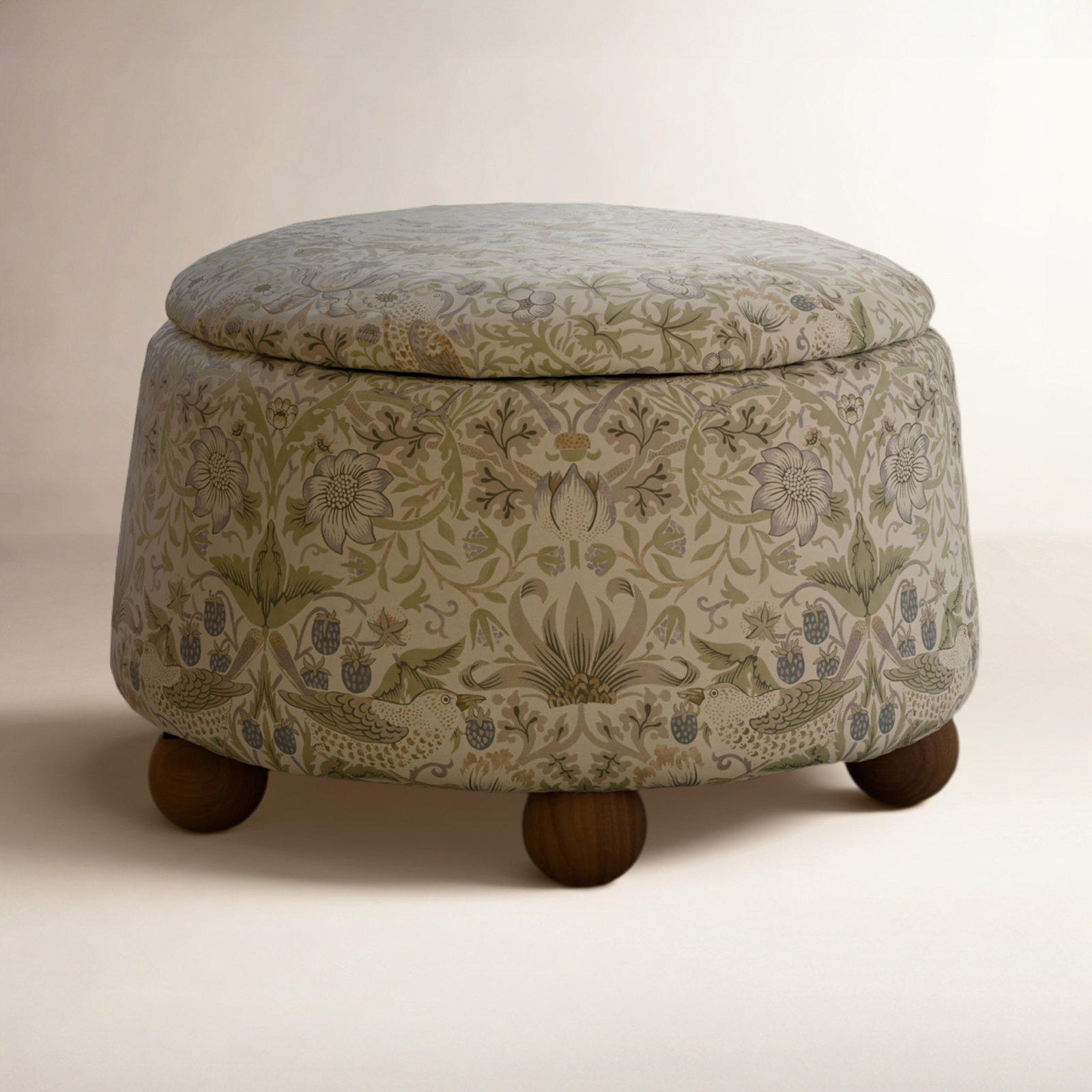 Morris & Co. Tuffet 28" Ottoman, Strawberry Thief in Fig&Thyme