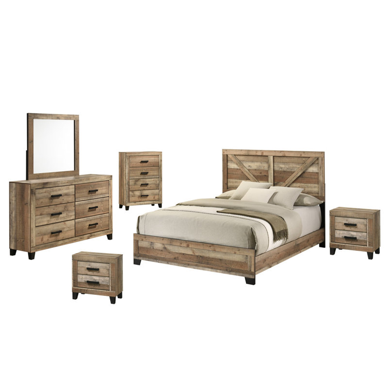 6 Piece Bedroom Set in Weathered Brown Pine, Queen