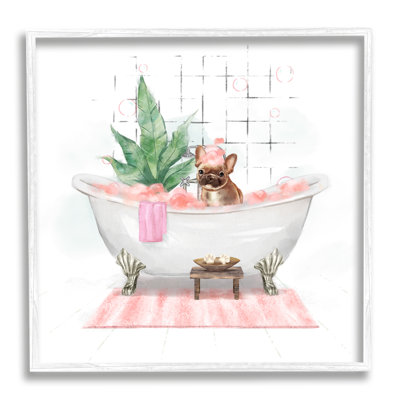 Adorable bouledogue français dans un bain moussant rose, estampe numérique encadrée de Ziwei Li