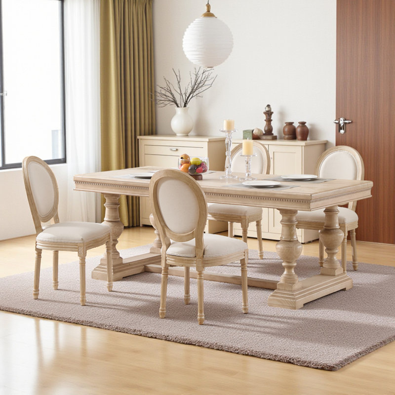 Chaises de salle à manger de style champêtre beige haut de gamme Amando, chaises rembourrées à dossier rond, techniques de tréfilage et de sculpture
