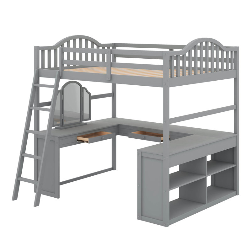 Lit mezzanine double en bois avec bureau, Gris