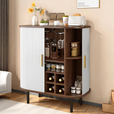 Fluted Wine Bar Cabinet with Sliding Tambour Doors, Wine Rack, Glass Holders and Adjustable Shelves