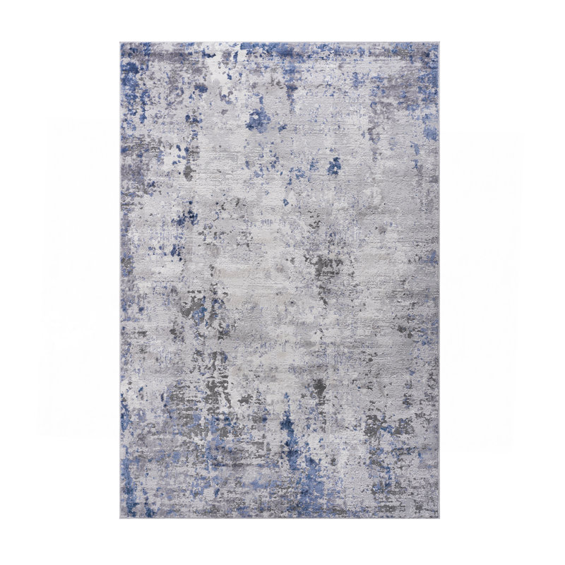  Silver / Blue / Abstract Runner Rug, Rectangle 6'7" x 7'9"