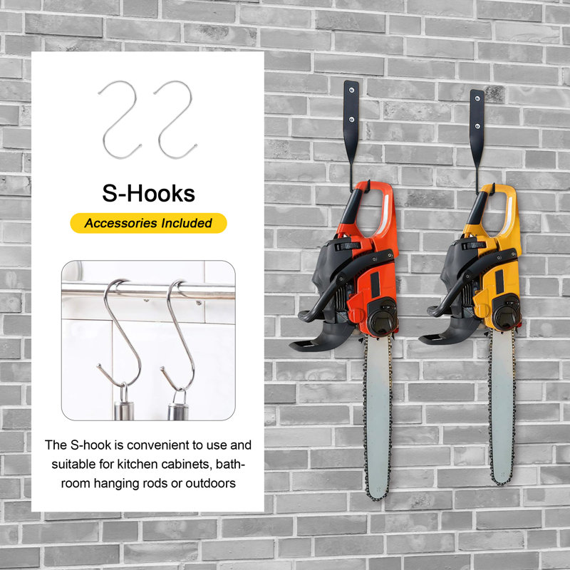 4 Pcs Chainsaw Holder, Heavy Chainsaw Wall Mount Holder for String Trimmer, Backpack Blower, Weed Eater Tool, Save Space, Load Capacity 110 lbs with 2 S Hooks