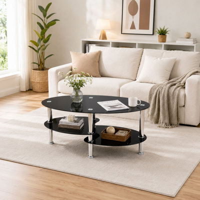 Table basse ovale en verre trempé à 2 niveaux 34,65 x 18,9 avec pieds en acier inoxydable pour le salon Noir
