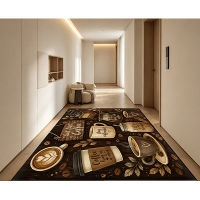 Tapis lavable à motif café, tasses et grains de café bruns, surface velours, doux et antidérapant, décoration intérieure moderne pour salon, chambre, entrée, bureau, balcon, appartement