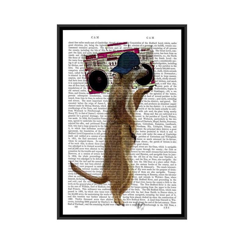 « ghetto blaster », impression sur toile tendue, H 26 po x l 18 po x P 1,5 po, Toile avec cadre noir, Pas de tapis