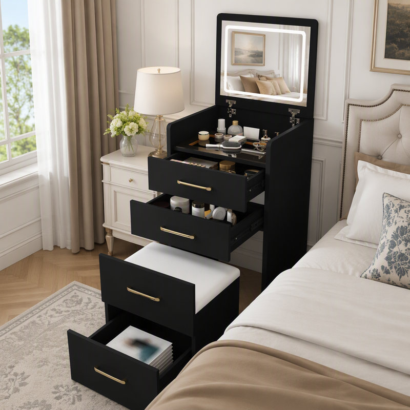Bureau de coiffeuse 3 en 1 avec miroir ouvert, petit ensemble de coiffeuse avec bureau en verre visible, coiffeuse de maquillage compacte avec 3 tiroirs, coiffeuse pour chambre à coucher