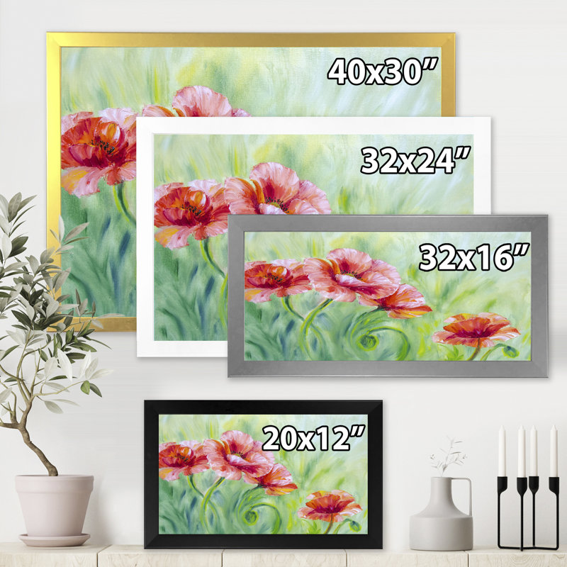 «Red Blossoming Poppies II», peinture sur toile, H 12 po x l 20 po x P 1,5 po, Toile avec cadre argenté