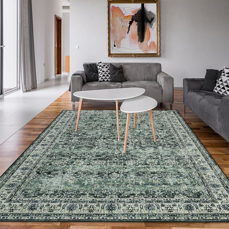  Washable Vintage Floral Entryway Rug Soft Low Pile Non-Slip Non-Shedding Oriental Distressed Rug Hallway Laundry Green