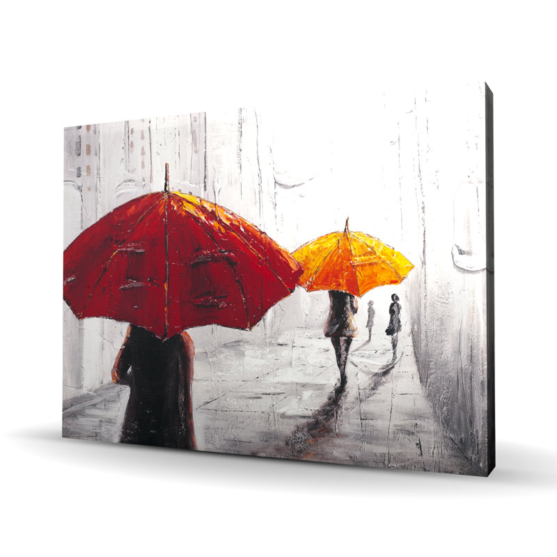 «Passersby with Umbrellas Scenic», toile rouge | Décoration intérieure