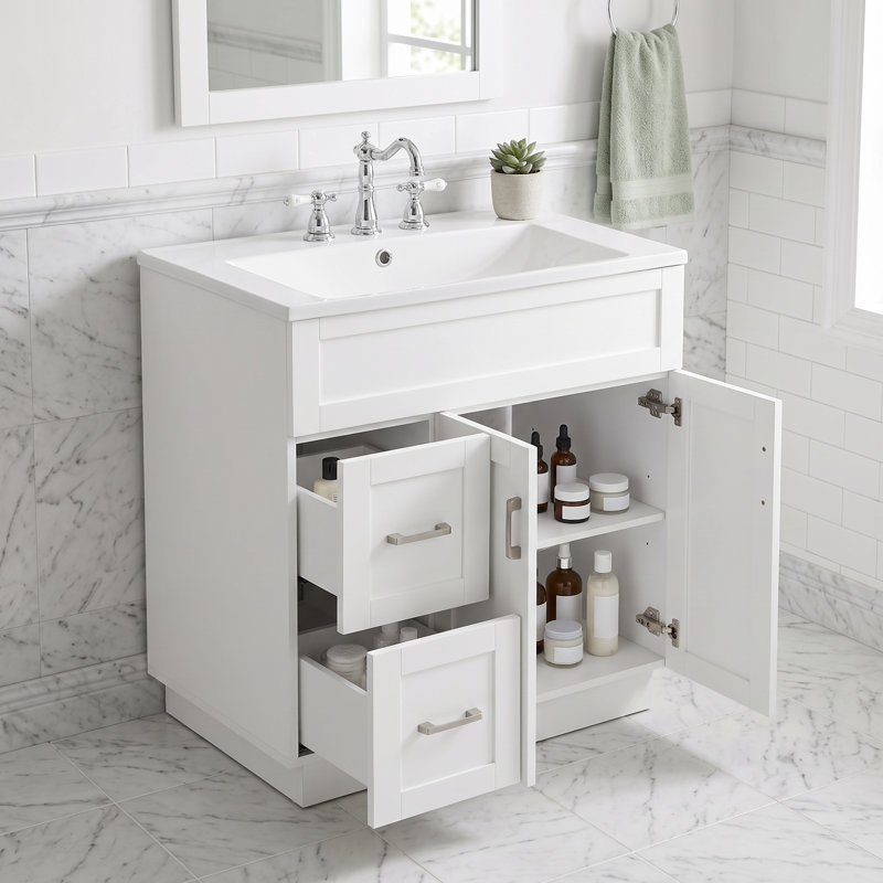 Meuble-lavabo autoportant de 76 cm (30 po) en MDF blanc avec lavabo simple, quincaillerie à fermeture amortie et assemblage facile