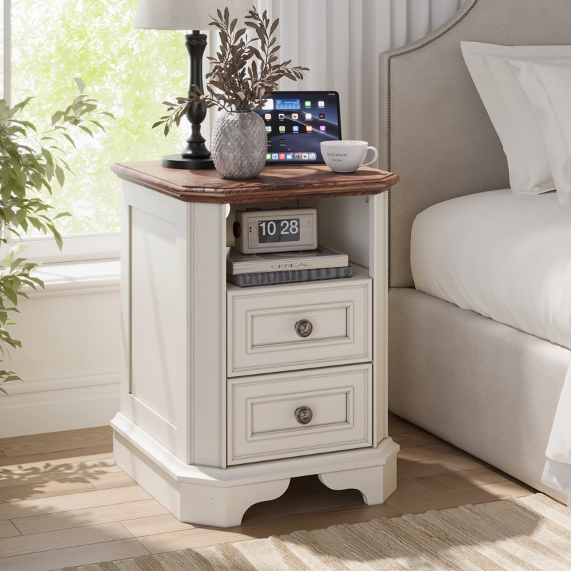 Loiret 2-Drawer Manufactured Wood Nightstand with Built-In Charging Station , Brown/Antique White
