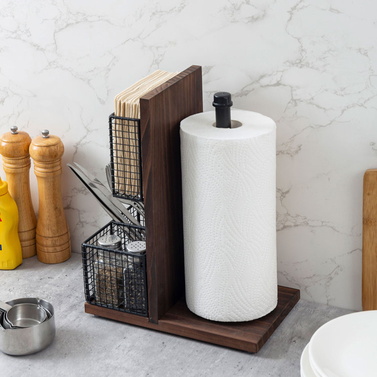 Dark Brown Wood and Black Metal Napkin Holders with Paper Towel Roll Stand  and Spice Rack