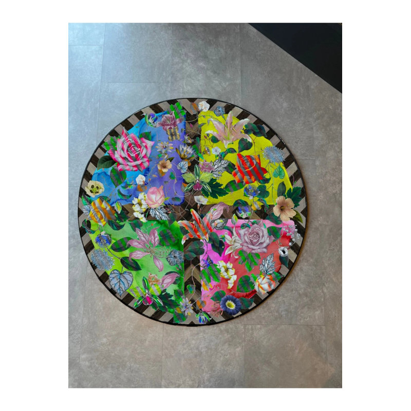 Colorful Rose Themed Woven Base Round Rug, Round 4'