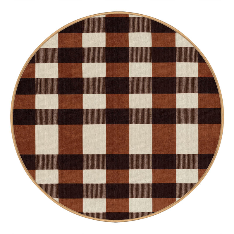 Machine Washable Checkered Brown Area Rug, Round 7'