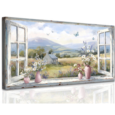 GUTTATY Farmhouse Floral Wall Art, Rustic Window Scene Flower Canvas Artwork, Serene Vintage Pictures Living Room and Bedroom Pink Wall Decor, 20x40 inches