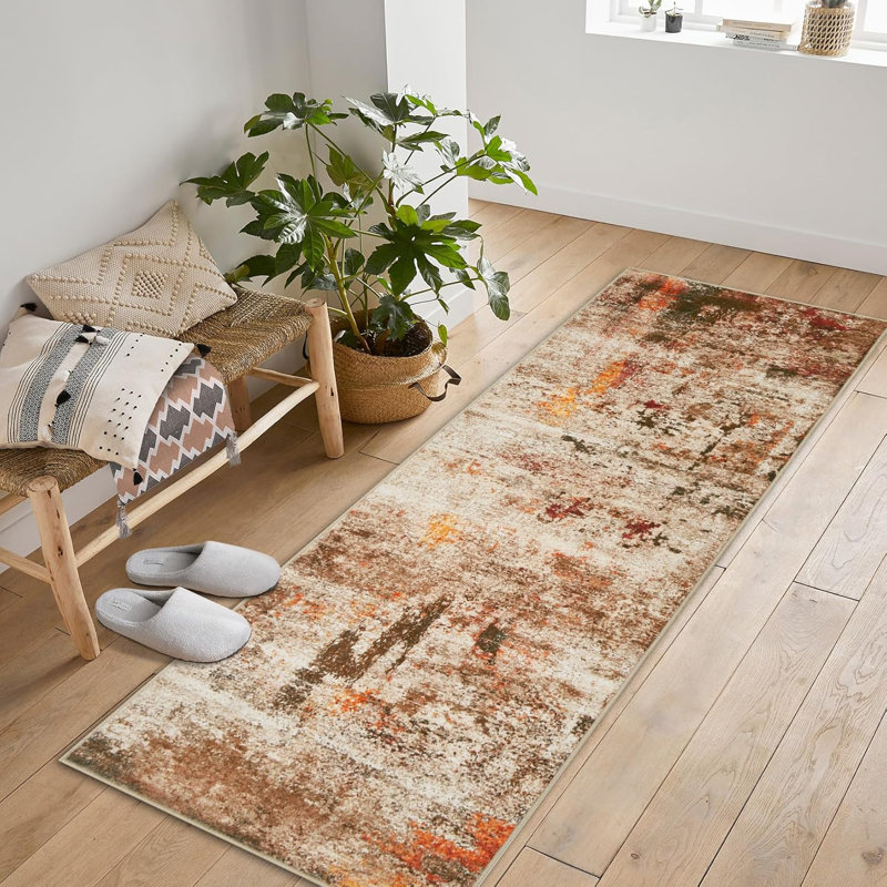 Washable Area Rugs 2'x6' Non-Slip Modern Abstract Soft for Living Room Entryway Bedroom, Print Pattern, Teal Blue Orange Rust Red Coloreful