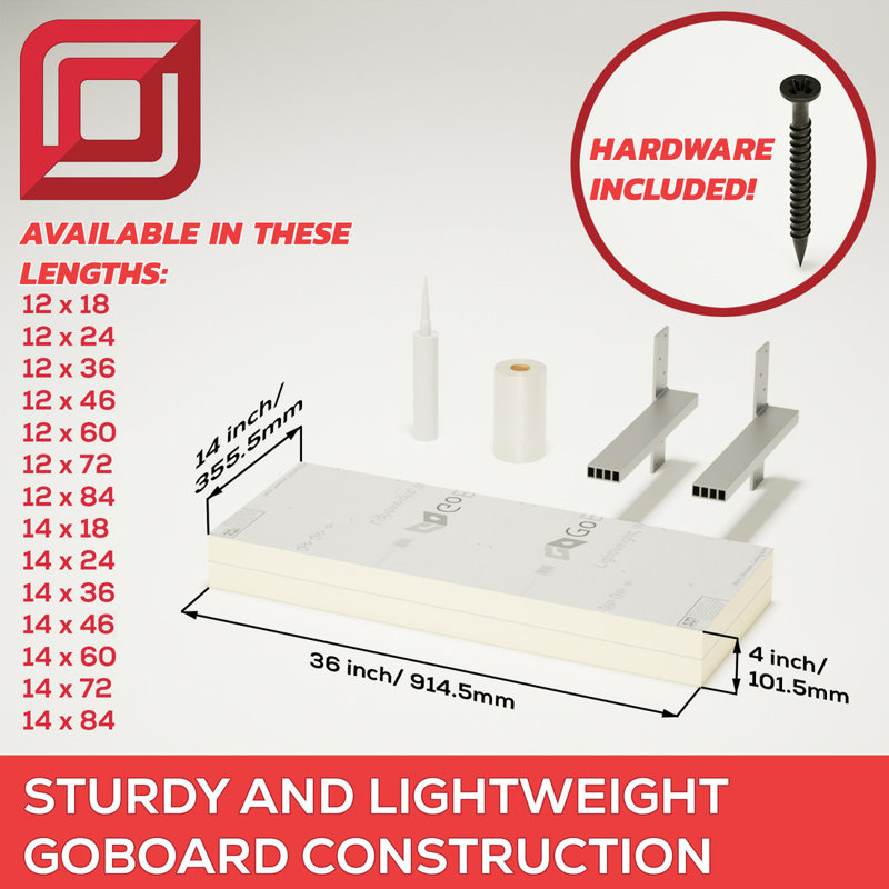 Floating Shower Bench Kit with GoBoard® - Original Shower Bench Bracket® (12x46"), 4" H x 46" W x 12" D