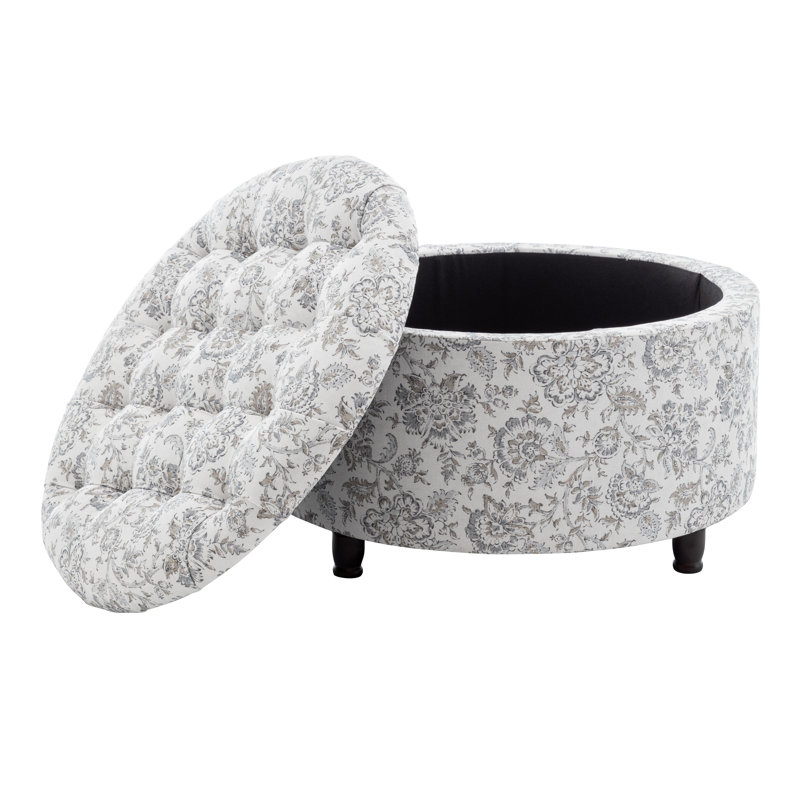 Upholstered Ottoman, Brown Floral, Brown Wood