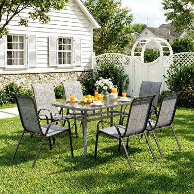 Patio Dining Set For 6, Outdoor Table And Chairs W/1.69?Umbrella Hole, All Weather Patio Furniture Set, 30"X 55" Table And Stackable PVC-coated polyester Chair, For Lawn, Deck (Umbrella Not Included)