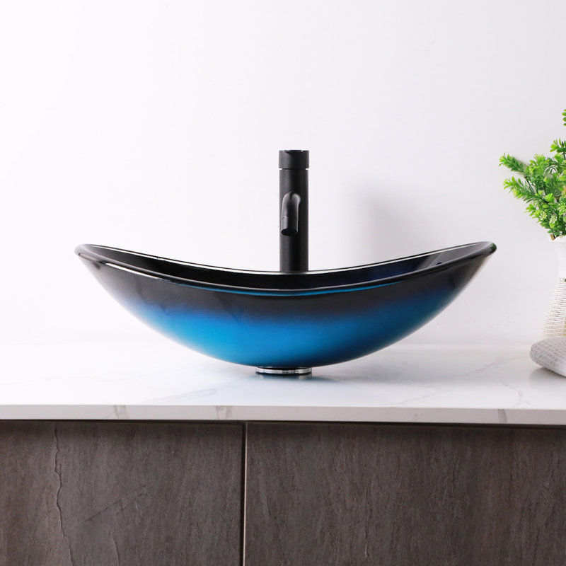 Mocoloo 21"L x 13"W Glass Bathroom Sink Tempered Glass Artistic Bathroom Sink with Pop-up Drain, 21.5"L x 14"W, Light Blue